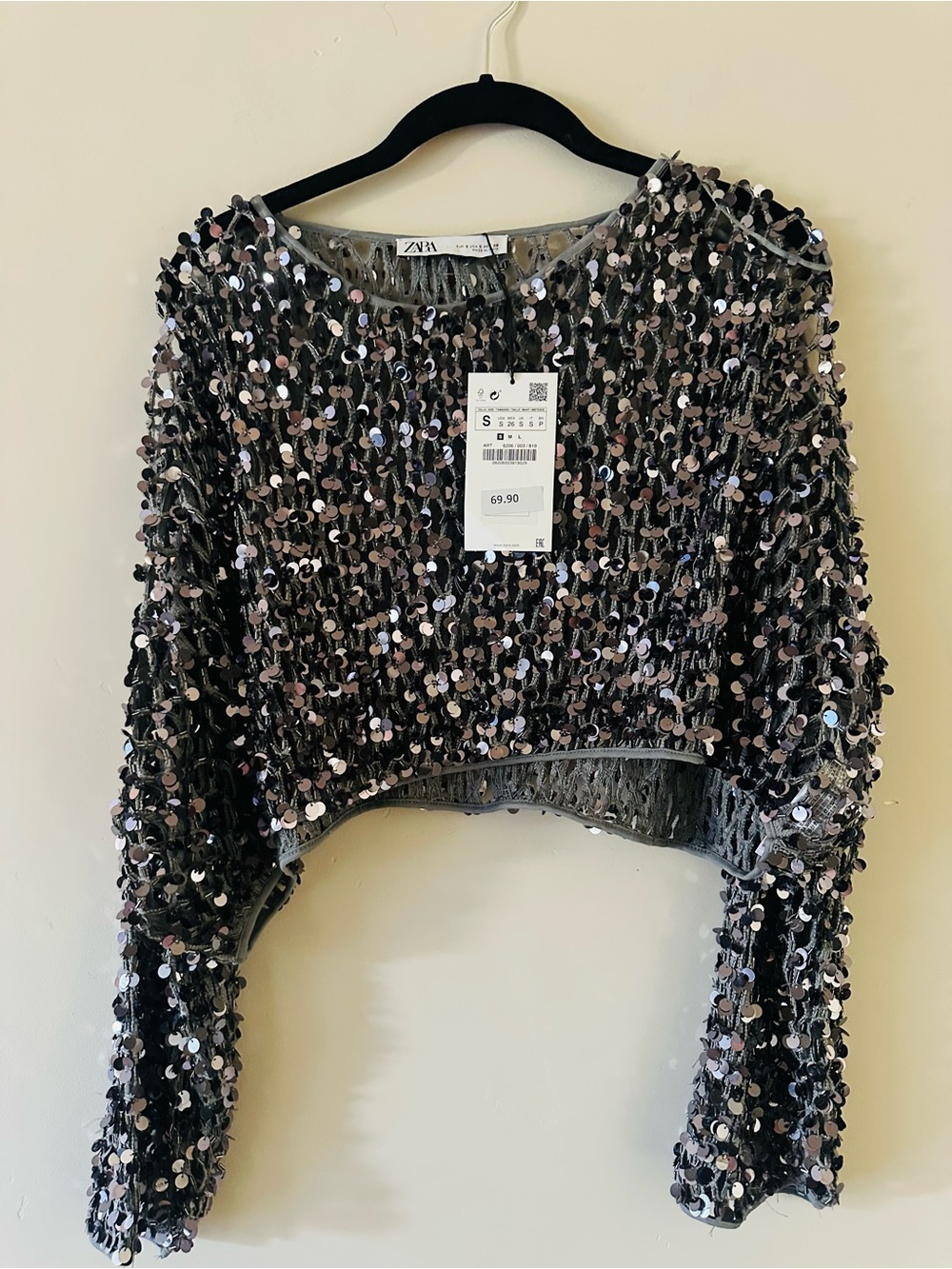 Zara Black Sequin Cropped Long-Sleeve Top